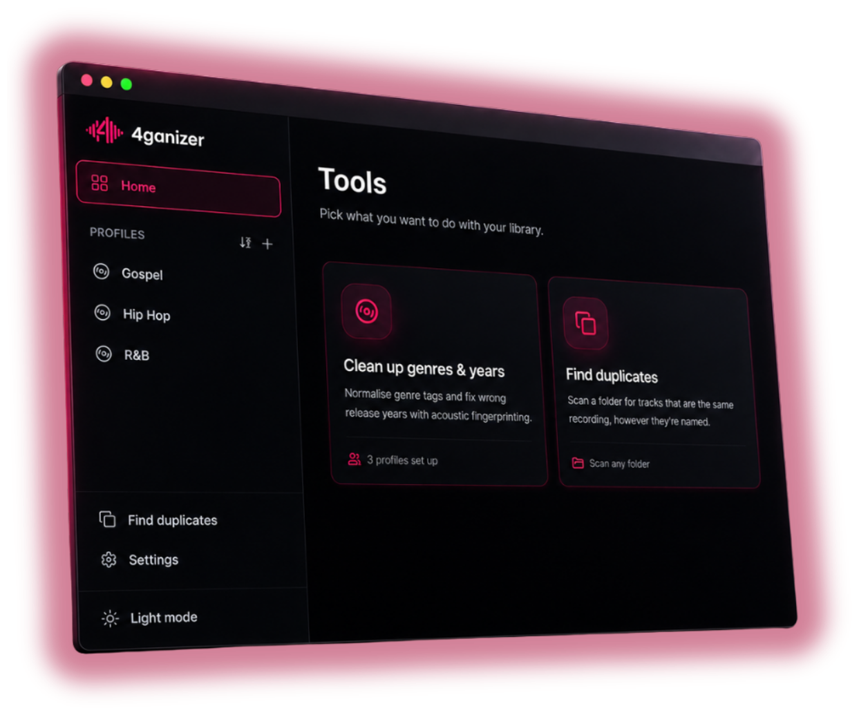 4ganizer's Tools screen, showing the genre & year cleanup and duplicate finder tools